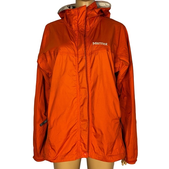 Marmot Women’s Rain Jacket Large Orange Hooded Lightweight Windbreaker - Picture 1 of 16